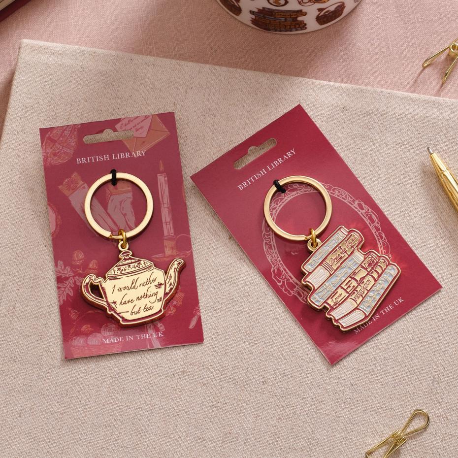 Jane Austen Bookstack and Tea Pot  Keyrings