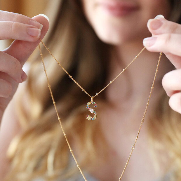 Lisa Angel Rainbow Crystal Initial Necklace in Gold