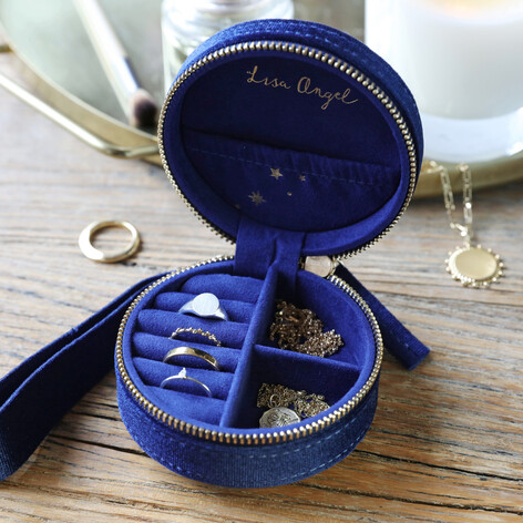 Navy Starry night printed velvet round jewellery case