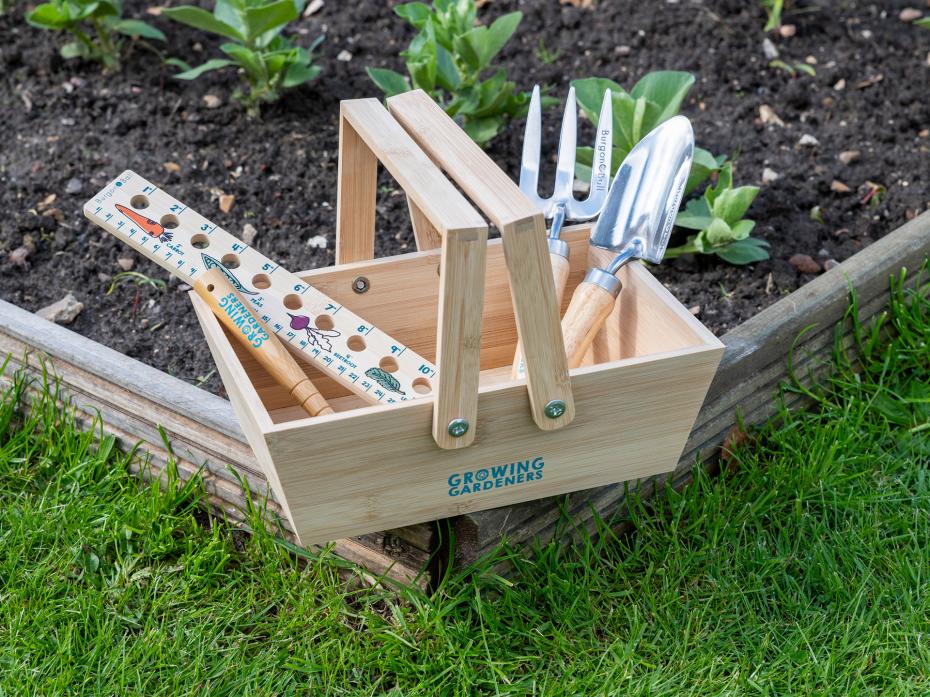 Burgon and Ball RHS Growing Gardeners trowel, hand fork, ruler, dibblet and trug