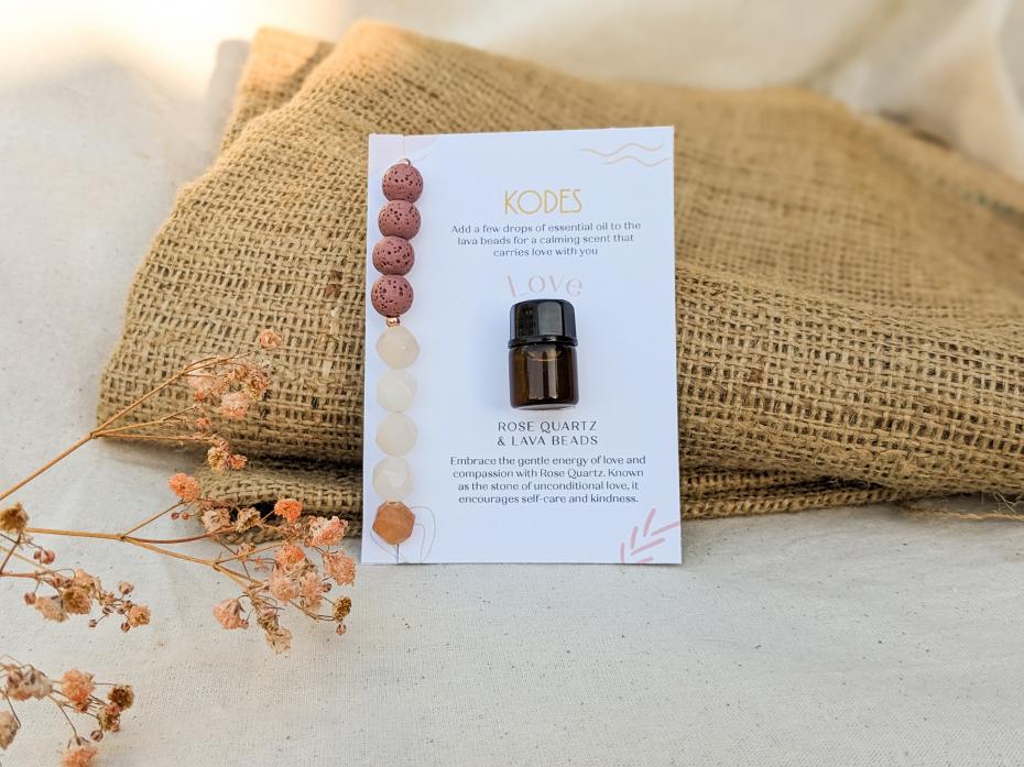 Growth - Prehnite, Moss Agate & Lava Aromatherapy Essential Oil Bracelet with esstial oil complementary sample on backing card