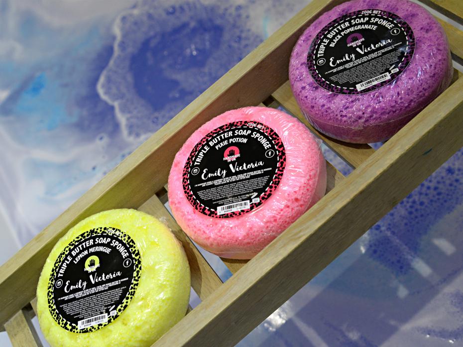 Lemon meringue, pixie potion and black pomegranate triple butter soap sponge
