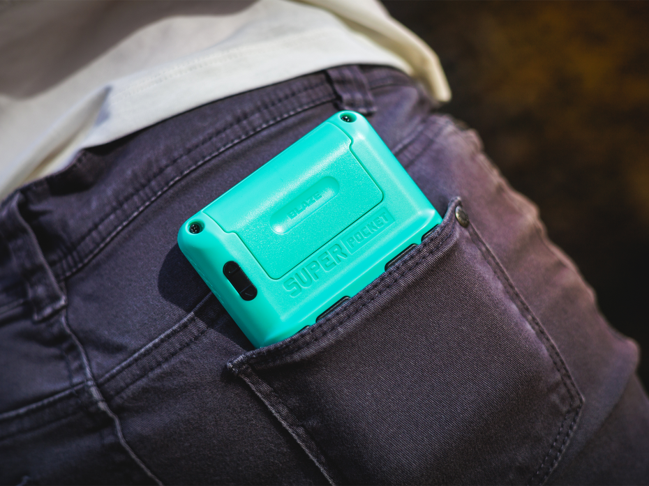 The Super Pocket Taito Edition, rear facing, in a back trouser pocket