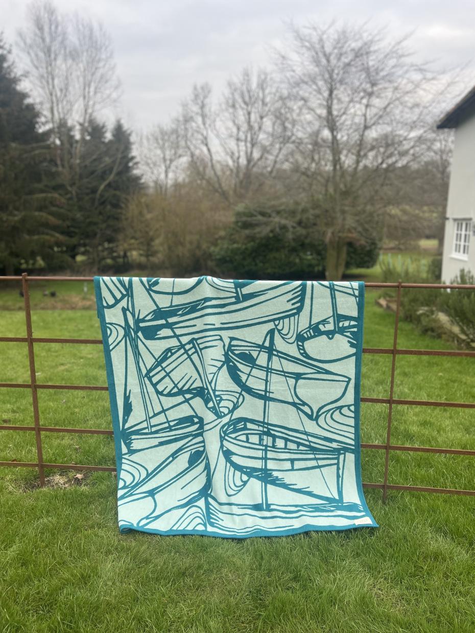 Lino Boats over fence showing the design in all its glory