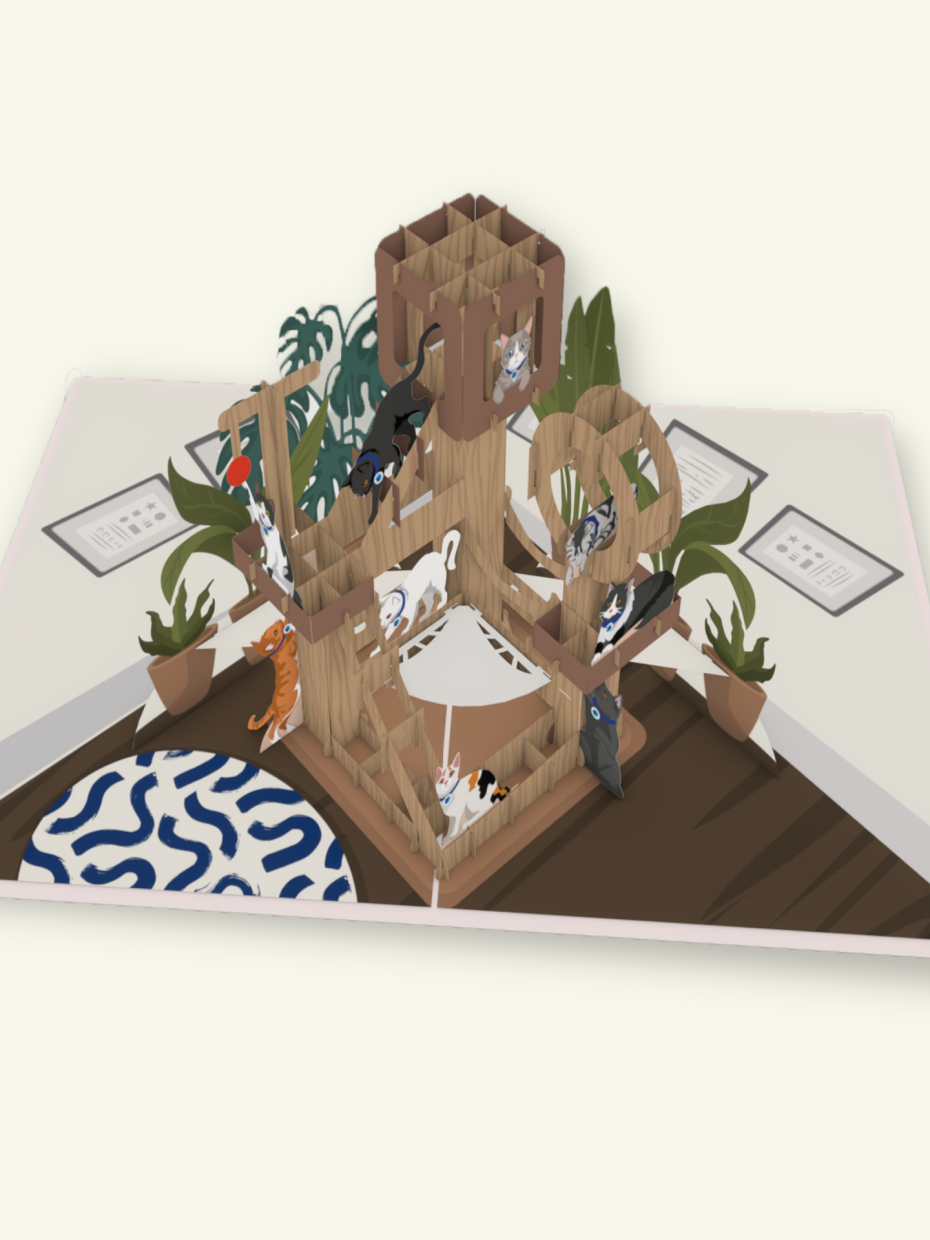 Battersea Cat Tree Pop Up Card  - Close Up Image