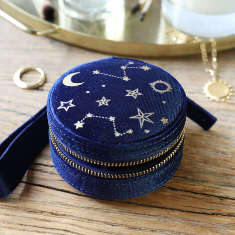 Navy Starry night printed velvet round jewellery case