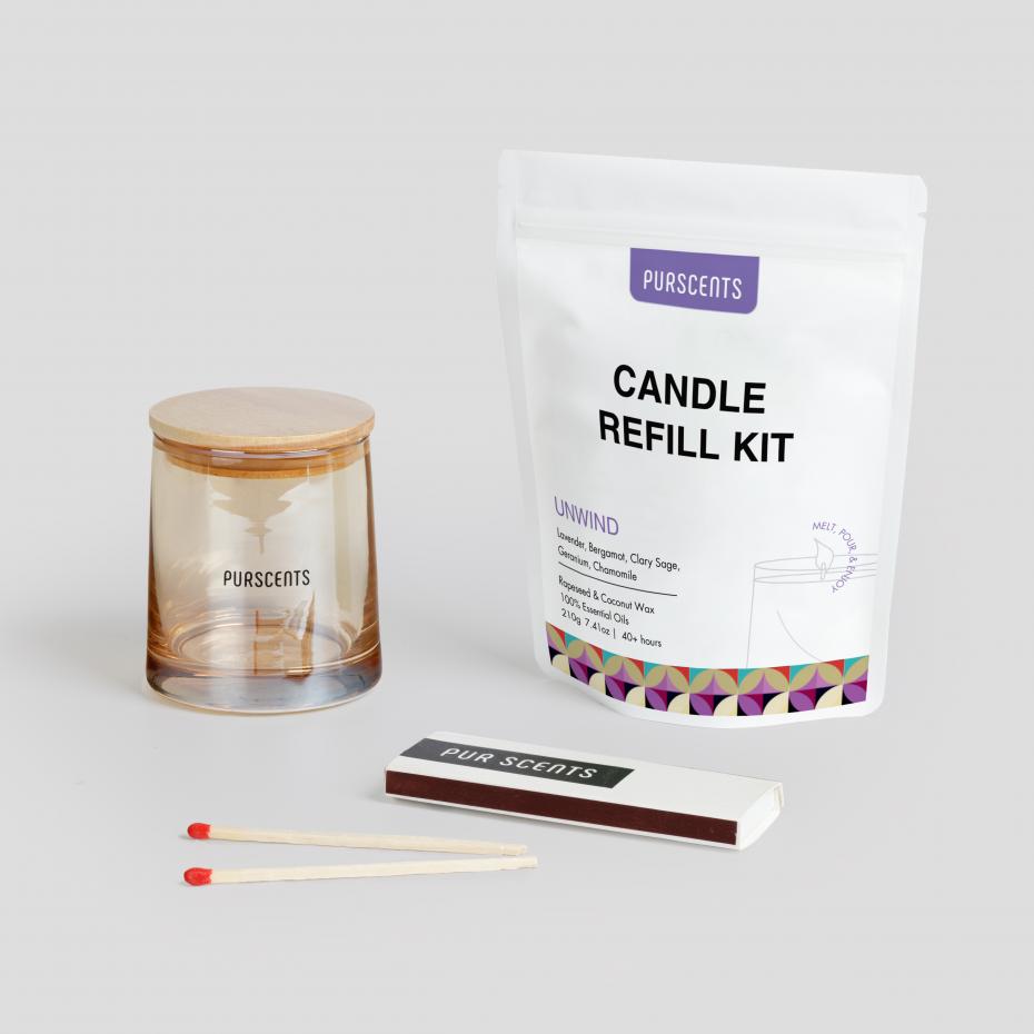 Unwind candle refill with glass vessel and candle match