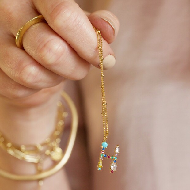 Lisa Angel Rainbow Crystal Initial Necklace in Gold