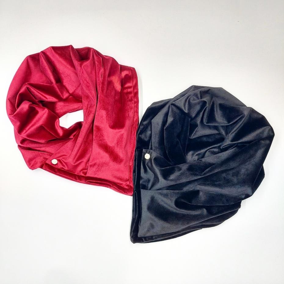 Velvet Pocket Scarf in black & opera coat red.