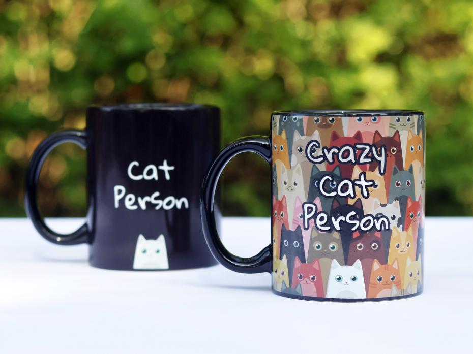 Crazy Cat Person Heat Change Mug by Pikkii - Plain Black Mug Transforms into Colourful Mug with Hundreds of Cats