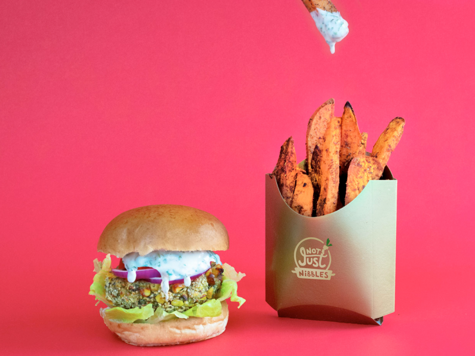 Peruvian Lentil Burger and Aje Sauce with sweet potato chips