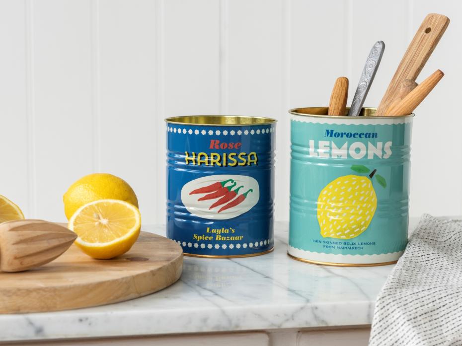 Lemon & Harissa tins - used for cooking utensils