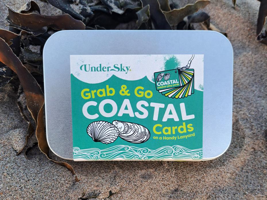 Coastal Activity Cards within their silver metal tin