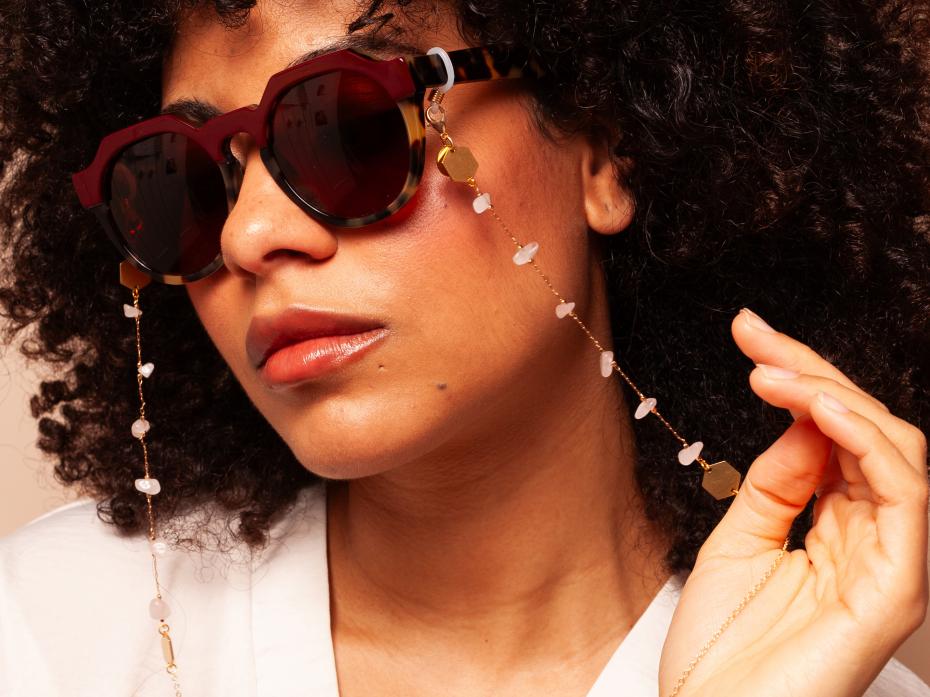 Anya - Rose Quartz & Brass Hexagons Glasses Chain