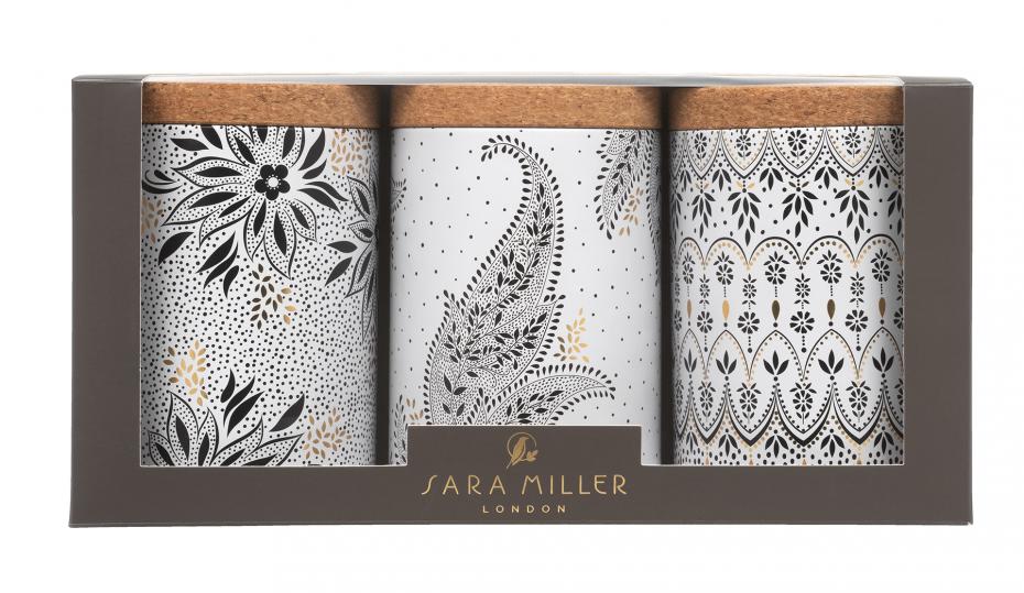 Sara Miller - Artisanne Noir Set of 3 Round Caddies with Cork Lids