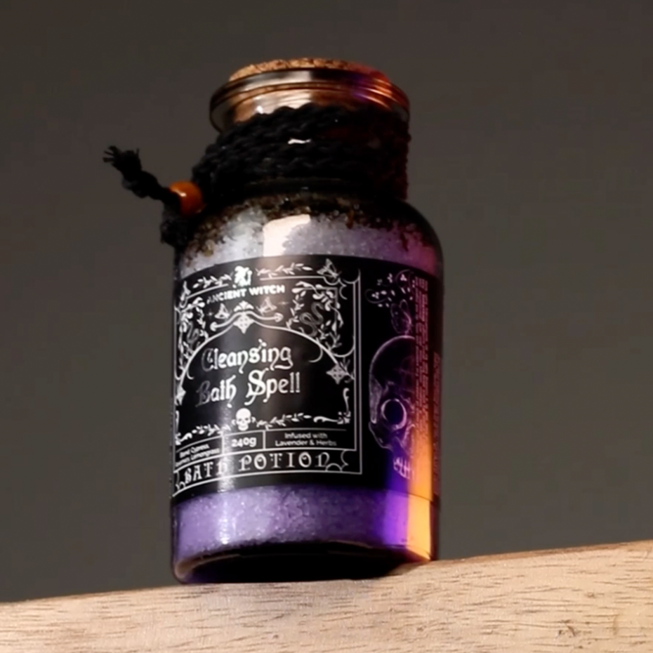 Ancient Witch Bath Spell Potion & Rock Crystal Amulet - Cleansing
