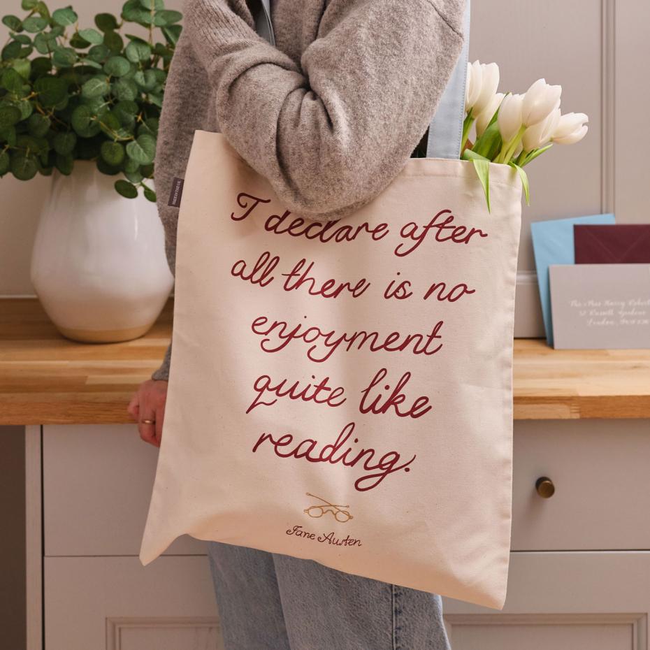 Jane Austen Tote Bag - Back - watch how our textiles are made
