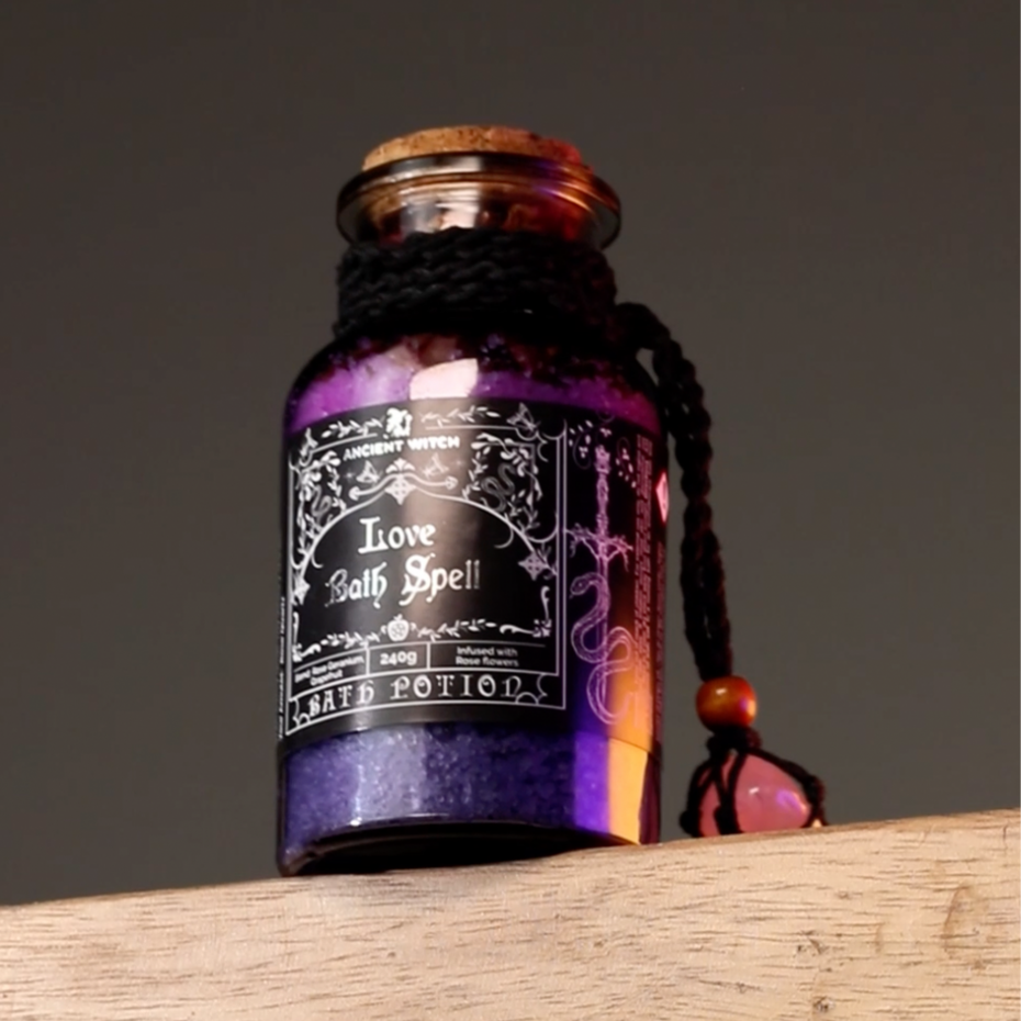Ancient Witch Bath Spell Potion & Rose Quartz Crystal Amulet - Love