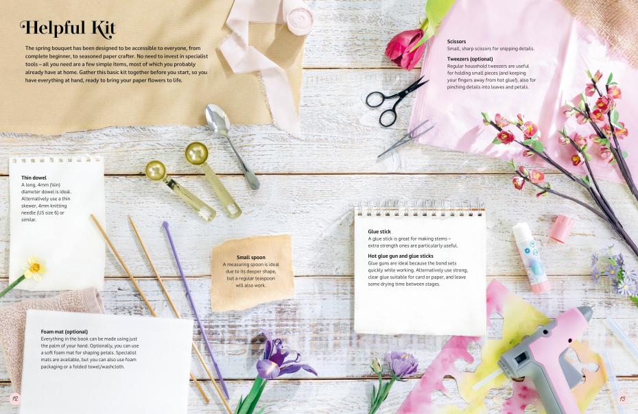 The Bouquet in a Book: Spring - full and easy instructions  are given how to make each bloom , including a QR code link to videos guides for extra visual help