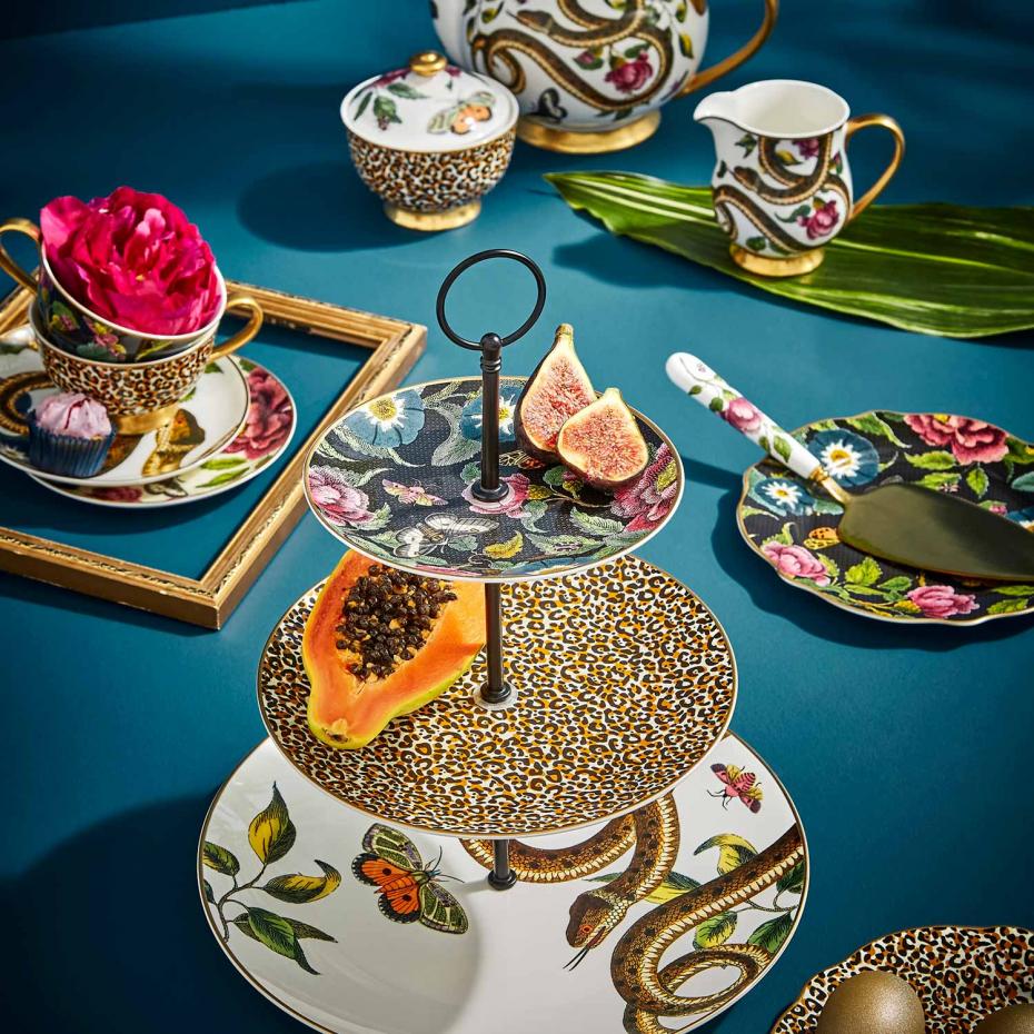 Creatures of Curiosity Cake Stand, Teacups & Saucers, Cake Plates, Sugar Pot and Cream Jug