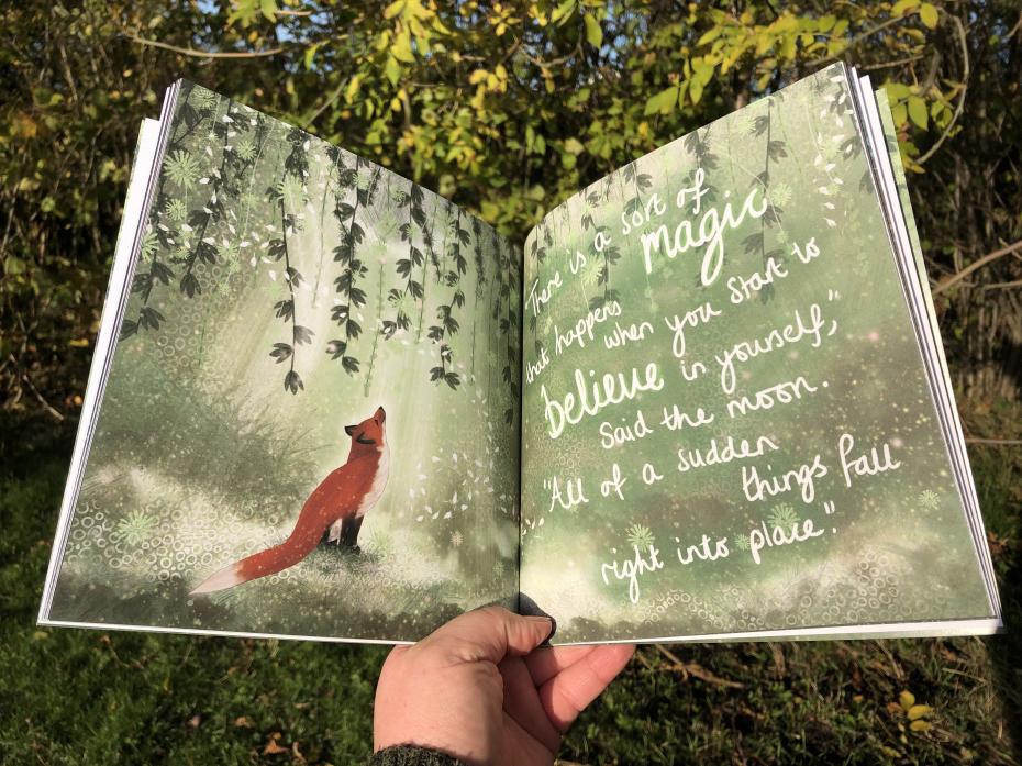 A double page spread from 'To The Moon & Back''