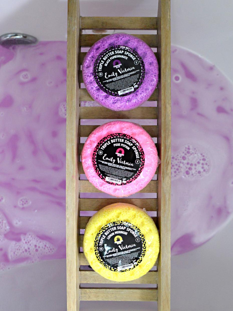 Lemon meringue, pixie potion and black pomegranate triple butter soap sponge