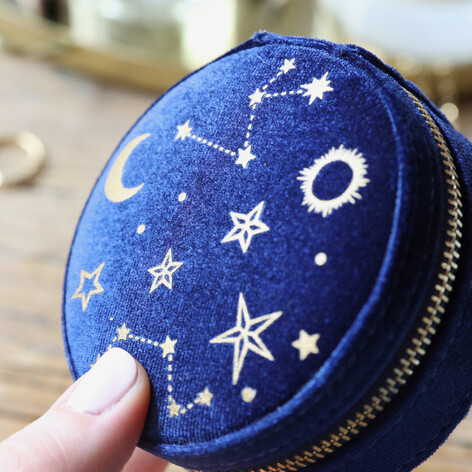 Navy Starry night printed velvet round jewellery case