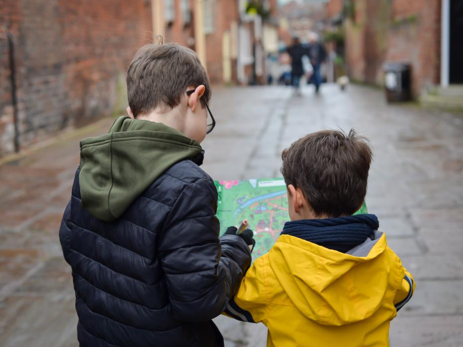 The maps encourage kids to stop and look up, down and all around