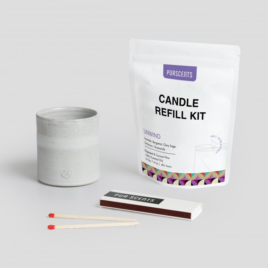 Unwind candle refill with Boho ceramic vessel and candle match