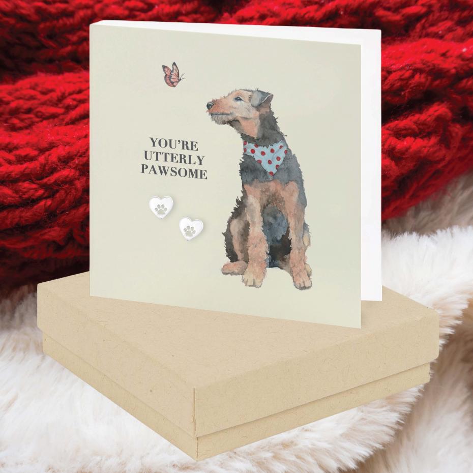 Adorable Animals Collection - Boxed Greeting Card with Sterling Silver Dog Paw Heart Earrings
