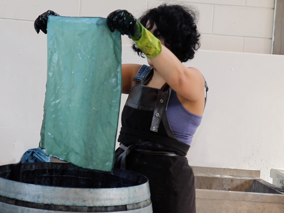 Coloured by hand in natural indigo dye