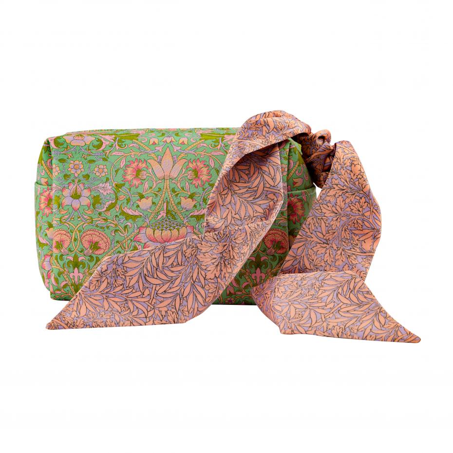 Foliage print scarfette attached to Lodden print cosmetic bag