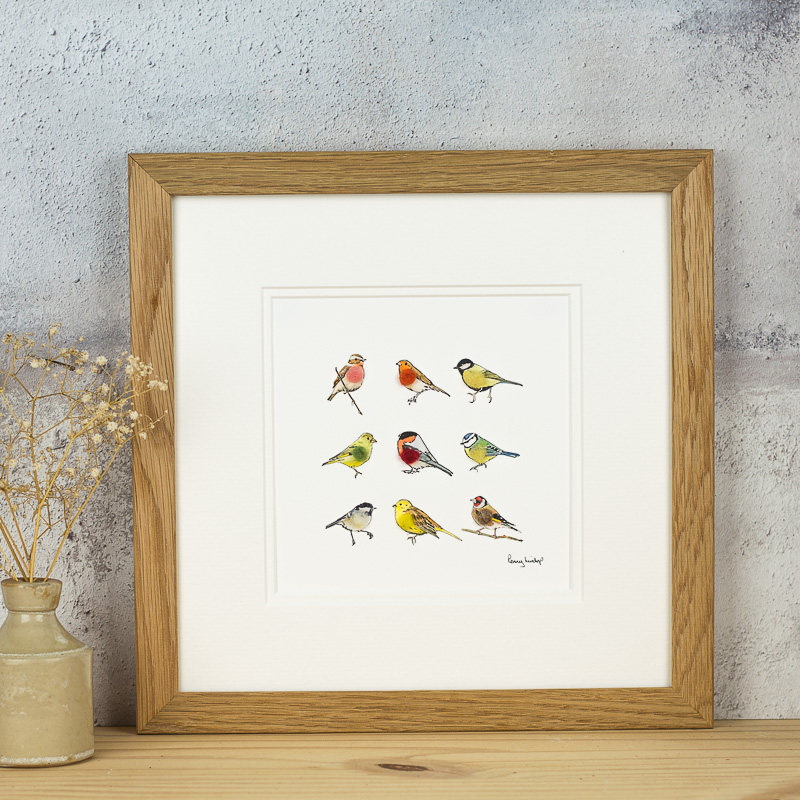 Square Garden Birds Print presented in an oak frame