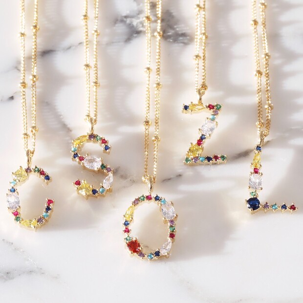 Rainbow Crystal Initial Necklace in Gold