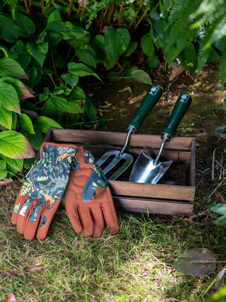 Burgon and Ball RHS Gifts for Gardeners 'Woodland Wonders' gloves, trowel and fork